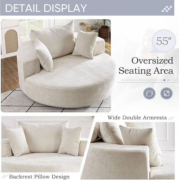 SLEERWAY 55W Oversized Swivel Accent Chair Large Barrel Chairs Upholstered Round Swivel Chair Chenille Single Sofa Armchair Modern Sleeper Chair for Living Room Lounge and Projection Room Beige