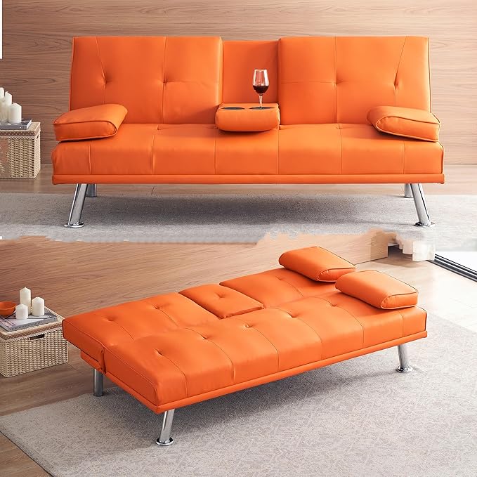 Futon Sofa Bed Modern Folding Couch for Small Space Faux Leather Convertible Loveseat Sleeper Bed Daybed Recliner Lounge Sofas for Living Room2 Cup HoldersMetal LegsRemovable Armrests (Orange)
