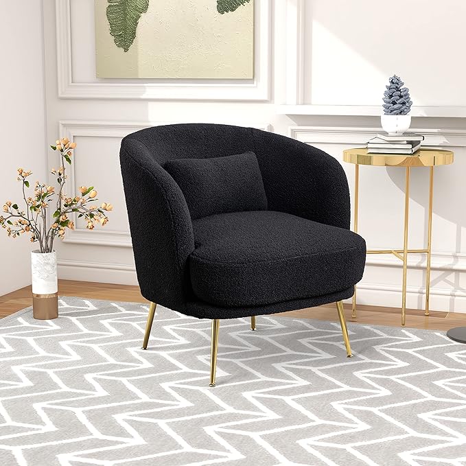 30.32 W Accent Chair Upholstered Curved Backrest Reading Chair Single Sofa Leisure Club Chair with Golden Adjustable Legs for Living Room Bedroom Dorm Room (Black Boucle)