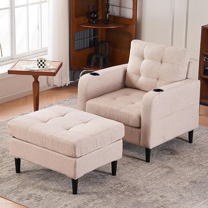 Accent Chair with Ottoman Set Upholstered Armchair with Storage Ottoman Cup Holders &amp Side Pocket Single Sofa Chair with Tufted Detailing for Living Room or Bedroom (Beige)