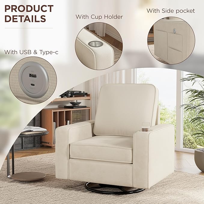 Swivel Square Accent Chair with Wide Armrests360° Rotating Comfy Single Sofa Chairs with USB/Type-CCup Holder &amp Side PocketModern Armchair for Living Room Bedroom Reading Lounge NookBeige Whit