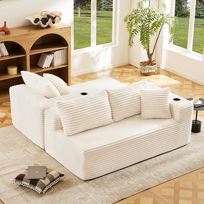 Modular Compressed Sectional Sofa Set – Velvet Corduroy Upholstery Convertible Couch with Cup Holders and Pillows for Living Room Beige
