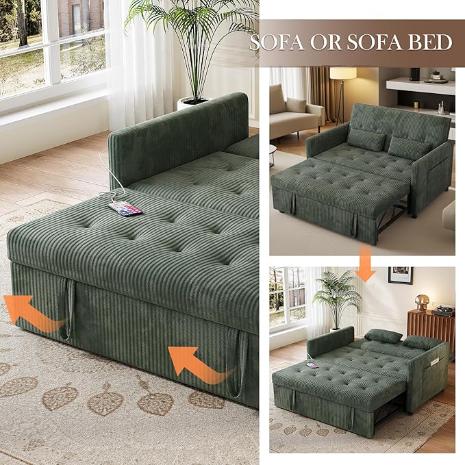 Sofa Bed Loveseat 3-in-1 Sleeper Sofa with Pull Out Bed Pockets and USB Modern 2 Seater Convertible Small Couch for Living Room Bedroom Apartment (Green Corduroy)