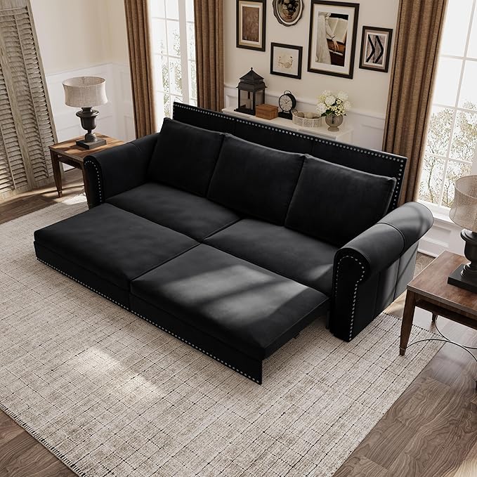 KEIKI 93.7 King Size Convertible Velvet Sofa Bed with Nailhead Trim &amp Rolled Arm Multi-Functional for Living Room Bedroom Office Black