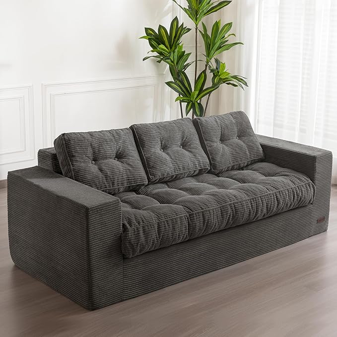 MAXYOYO 3 Seater Couch for Living Room Boneless Couch with Tufted Cushion &amp Backrest Upholstered Floor Sofa with Armrests Sofa in A Box No Assembly Required Dark Grey