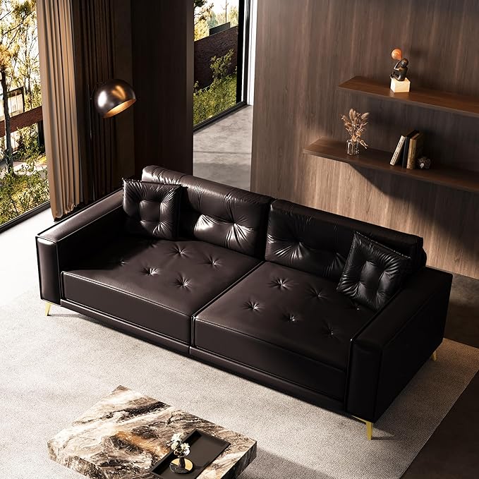 92.1 King Size 4-Seater Pull Out Sofa Bed 3 in 1 Faux Leather Convertible Sleeper Sofa with Ultra Wide Armrests Tufted Couch with 2 Pillows for Living Room Apartment Dark Brown