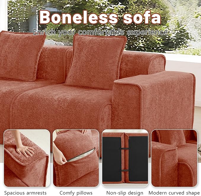 KEIKI 4Seat Modular Boneless Velvet Sofa Couch for Living Room Bedroom Studio Style Conscious Homeowners Luxurious Elegant Sophisticated Refined Design Stylish Design Red