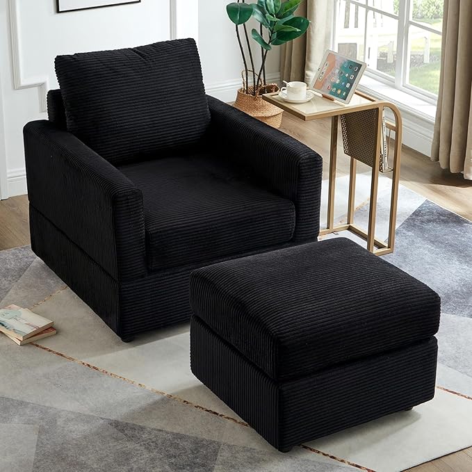 Aoiy &amp Wifon Accent Chair with Ottoman Upholstered Reading Chair with Ottoman Comfy Armchair with Wooden Legs Corduroy Black