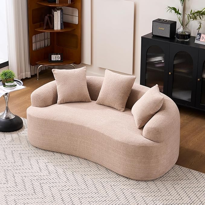 65 Curved Loveseat Sectional Sofa for Living Room Modern Plush Chenille Cloud Round Deep Seat Compressed Boneless Couch with 3 Throw Pillows for Small Apartment No Assembly Needed Apricot Cream