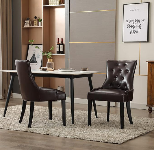 Dark Brown Bounded Leather Dinng Chair Living Room Chair (2 pcs Set)
