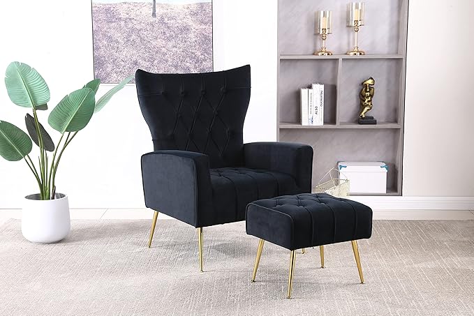 Modern Accent Chair with Ottoman Comfy Armchair for Living Room Bedroom Apartment Office (Black)