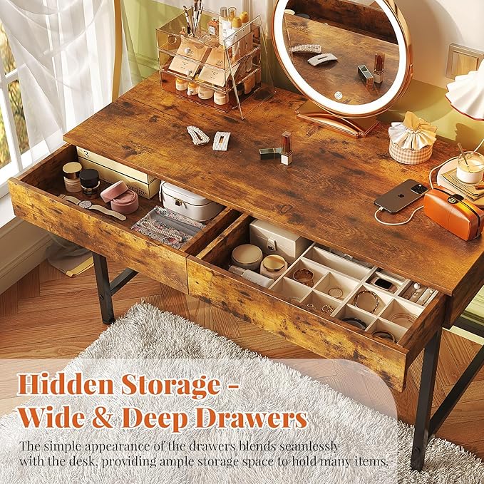 VERMESS 40 Inch Solid Wood Desk with Drawers Small Computer Desk for Small SpaceModern Makeup Vanity Desks No Mirror Writing/Study/Work Table for Home Office Kids Desks for Bedroom Rustic Brown