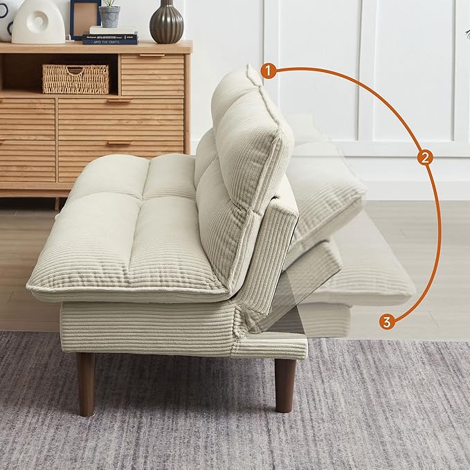 72 Futon Sofa Bed Futon Couch with Adjustable Backrest Recliner Small Loveseat for Living Room Office Apartment Corduroy Loveseat Beige