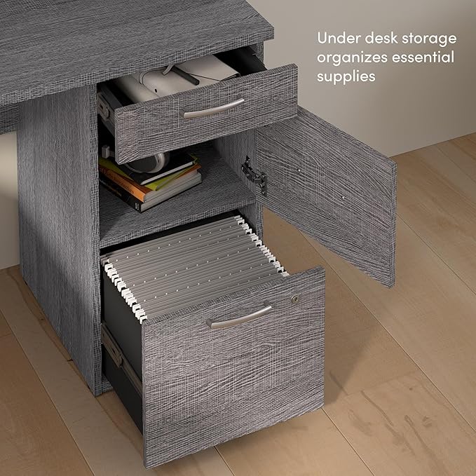 Bestar U or L Shaped Desk with Drawers and Hutch Executive Workstation for Home or Professional Office 66 Inches Logan Collection Bark Grey