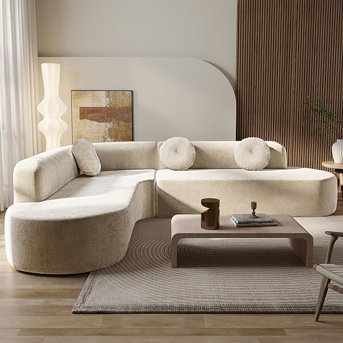 122'' Sectional SofaExtra Large Sofa with Soft Fabric Upholstery Elegant Curved Design with Three Round Cushions High-Resilience Foam for Ultimate ComfortSand