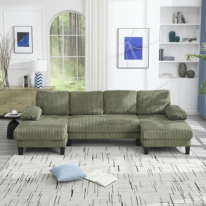 114.2 Beige Sectional Couches for Living Room U Shaped Couch with Double Chaise Modern Comfortable Plush Corduroy 4-Seat Cloud Sofa Set with Chenille Fabric for Home Furniture (Green)