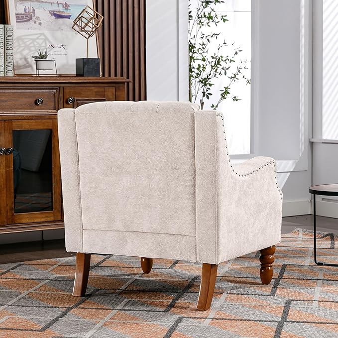 Linen Accent ChairsUpholstered Button Tufted Living Room ChairMid Century Armchair Sofa ChairsComfy Reading Chair for BedroomLiving RoomStudy (Beige 2)