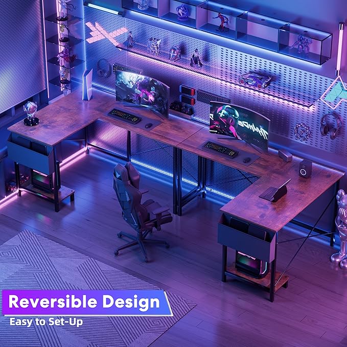 YSSOA 50 L Shaped Gaming Desk with Reversible Corner - Home Office Computer Desk with Wood Top Metal Frame CPU Stand &amp Storage Bag for Small Space Gaming Room Rust