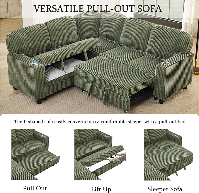 81 Convertible L Shaped Sleeper Sofa Couch with Pull Out Sofa Bed Sleeper Bed with Oversized Storage USB Ports &amp Cup Holder Sectional Couches for Living Room Green Corduroy