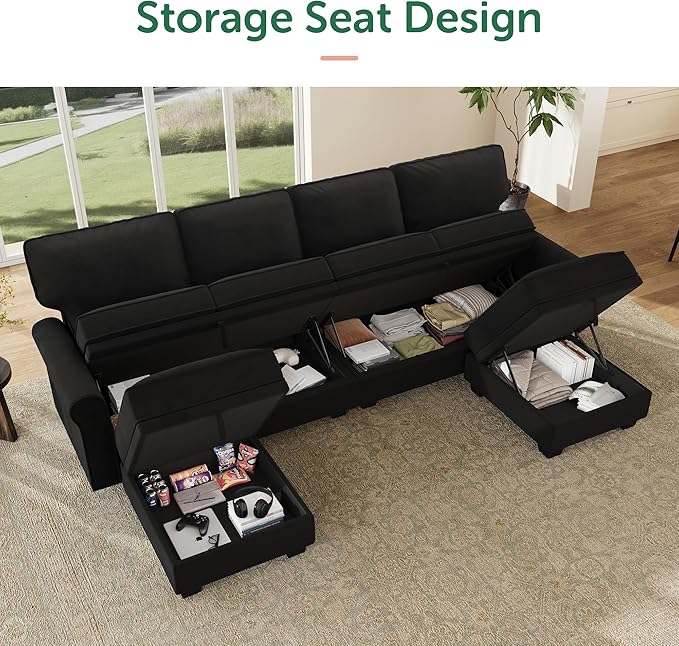 HONBAY Convertible Sectional Sofa with Storage U Shaped Sectional Couch with Reversible Chaise Small Sectional Couches for Living RoomMid Black