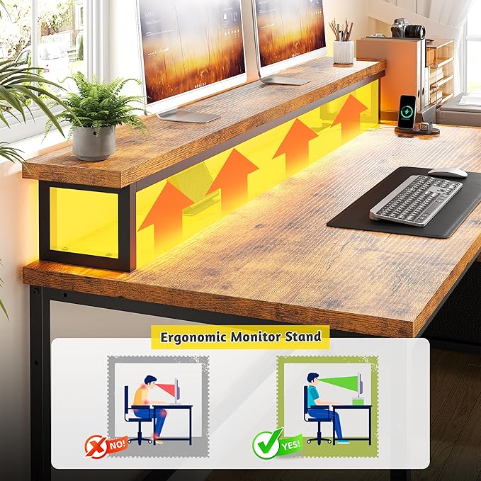 Computer Desk with Monitor StandOffice Desk with LED Lights &ampPower OutletsGaming Desk with Drawers &amp Printer ShelfWriting Table with Side Storage Bag57 W x 20 D x 36 HRustic Brown
