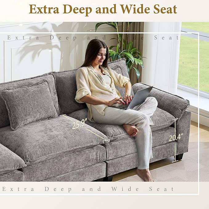 URRED Modular Sectional Sofa Comfy Cloud Couch Modern Chenille Sofa Sleeper Deep Seat Couches with Ottoman/Pillows for Living Room (Gray 117'')