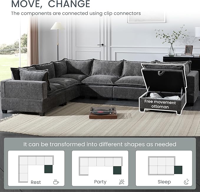Merax Modern Oversized U-Shaped Sectional Sofa with Piollows &amp Chaise Lounge Chenille 7-Seat Couch Set Sleeper Bed with Storage Ottoman for Living Room Gray