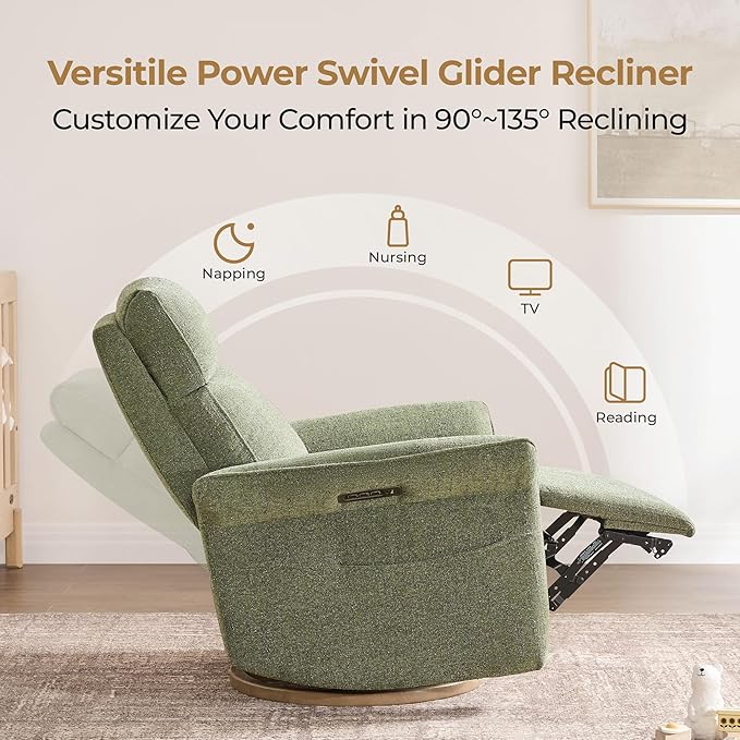 CHITA Power Recliner Chair Electric Triple-Motor Swivel Glider Nursery Rocking Chair with Adjustable Power Headrest and Lumbar Support GREENGARD Gold Certified Solid Wood Base Forest Green