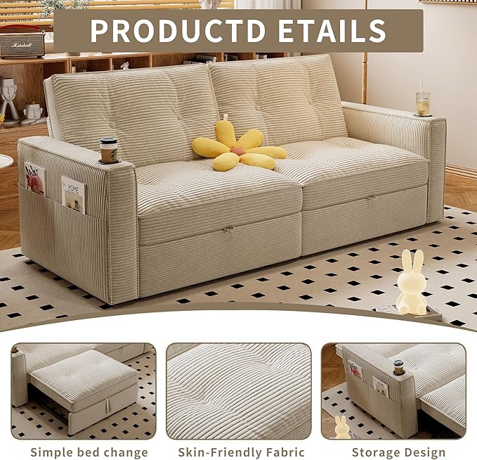 73.2 inch 2-in-1 Convertible Sofa Bed with Cup Holder | Space-Saving Sleeper for Small Apartments Dorms &amp Offices | Guest Ready in Seconds (White+Corduroy)