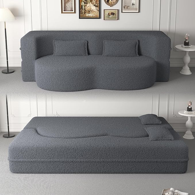 Hommoo Convertible Sleeper Sofa Bed Futon Sofa Folding Mattress Couch Full Size Teddy 2 in 1 Compression Floor Lounge Couch High Density Foam for Living Room/Guest Room/Apartment Grey