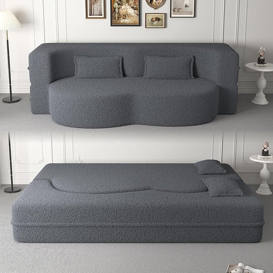 Hommoo Convertible Sleeper Sofa Bed Futon Sofa Folding Mattress Couch Full Size Teddy 2 in 1 Compression Floor Lounge Couch High Density Foam for Living Room/Guest Room/Apartment Grey