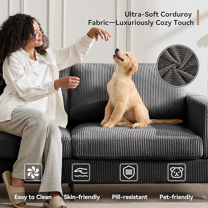 Tbfit 85 Corduroy Couch for Living Room 3 Seater Mid Century Modern Sofa with Spring Cusions &amp Extra Deep Seat for Bedroom Small Comfy Upholstered Couches Easy Assembly with Solid Wood Legs Gr