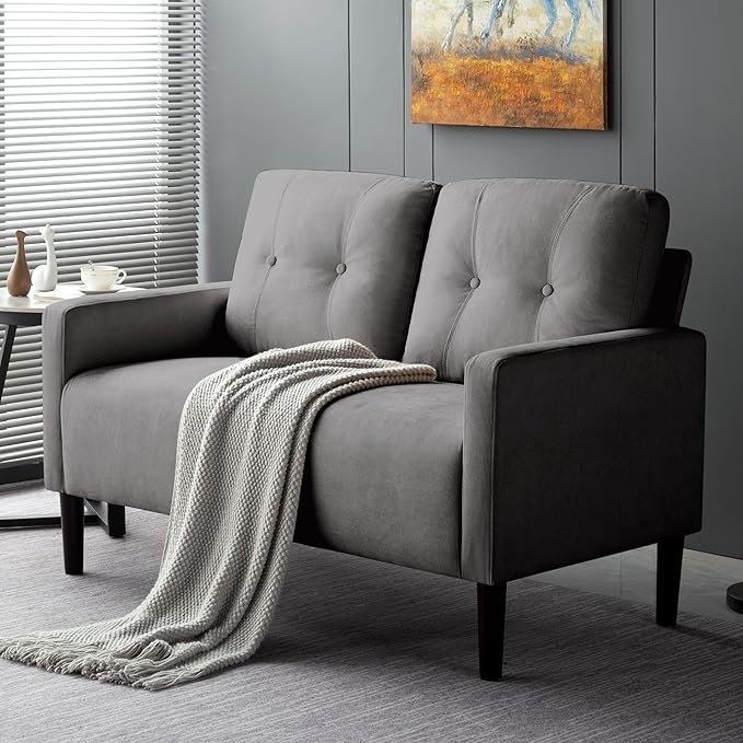 Loveseat Sofa Small Couch for Small Spaces Modern Linen Fabric 2-Seater Sofa with Solid Wood Legs Easy Assembly Apartment Couch for Living Room Office (Grey)