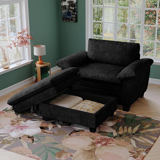 51-Inch Wide Oversized Chenille Recliner Sofa Ottoman with Storage - Upholstered Lounge Chair (Black)