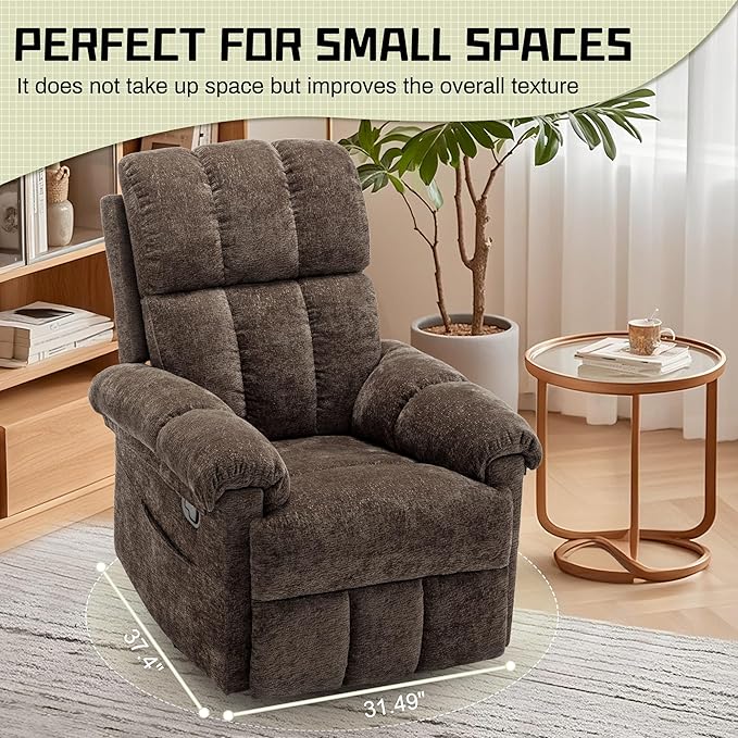 Recliner Chair Swivel Rocker Recliner Chair for Adults Small Recliners for Small Spaces Upholstered Manual Recliner with Side Pockets Nursery Rocking Chair for Living Room Chenille Brown