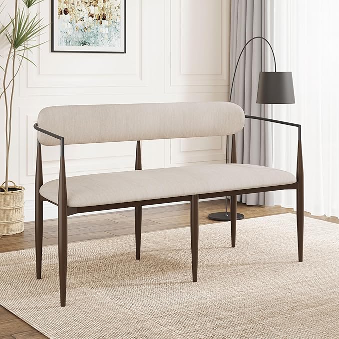 55 Metal Loveseat SetteeModern Upholstered Sofa with Iron FrameUpholstered Plush SeatingBrown Trim &amp Open Backrest Compact Design for Small SpacesLiving RoomBedroomApartmentsLoftsBeige