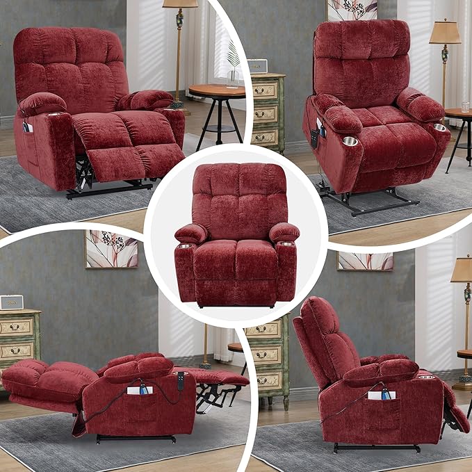 Large Power Lift Recliner Chair with Massage and Heat for Elderly Big and Tall People Dual Motor 180° Lay Flat Overstuffed Wide Velvet Lift Recliners with 2 Cup Holders Side Pocket