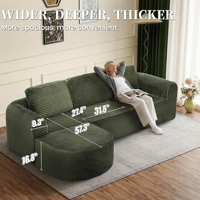 108” Modular Sectional Sofa Boneless Couches for Living Room Deep Seat L-Shape Cloud Couch with ChaiseComfy Sofa Freely Change Configurations No Assembly RequiredSoft Plush Corduroy Fabric(Green)