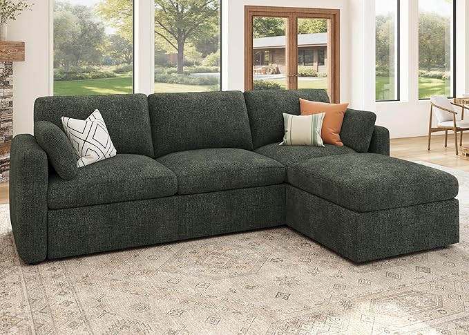 HONBAY Modular Sectional Couch with Storage Seats L Shaped Sectional Sofa with Storage Chenille Sectional Couches for Living Room Green