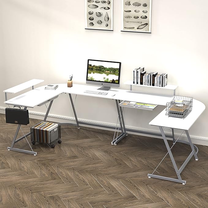 SHW 51 x 51 Inches Vista L-Shaped Desk with Monitor Stand and Drawer White