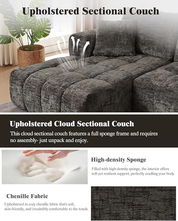 108 Boneless Cloud Modular Sectional Couch for Living Room L Shaped Sofa with Chaise | Chenille Fabric | Compressed Foam Sofa for Living Room | No Assembly (Deep Brown Left Hand Facing)