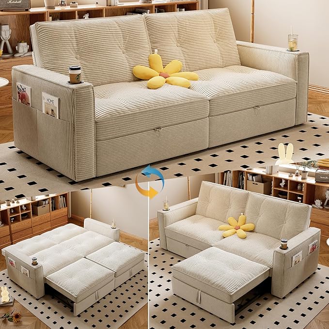 74'' Convertible Sofa Bed 2-in-1 Velvet Sleeper Sofa for Small Spaces Modern Loveseat &amp Guest Bed Apartment &amp Dorm Furniture Beige