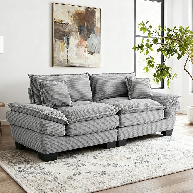 Modern 84 Corduroy Loveseat Sofa Ultra-Comfy Couch with 2 Pillows for Apartment Living Room Bedroom Home Office (Light Gray)