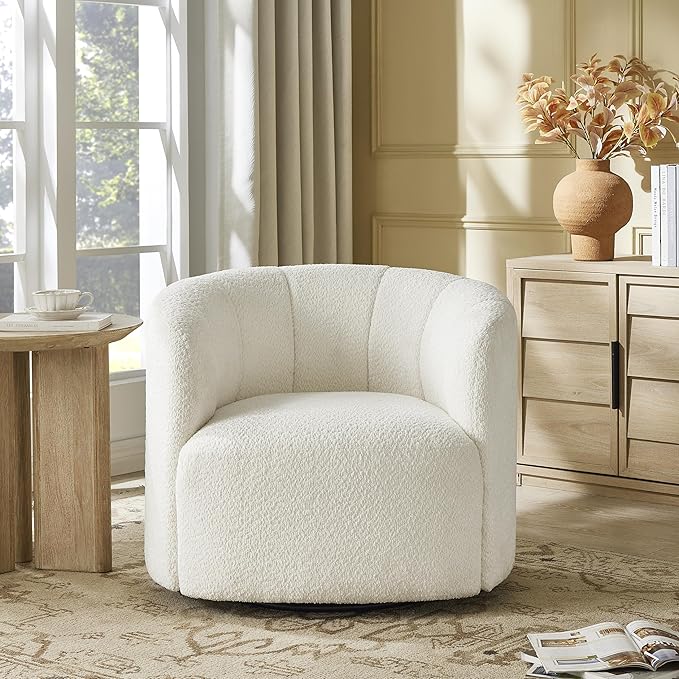 Swivel Accent Chair No Assembly Required Upholstered Boucle Fabric Barrel Chair for Living Room Beige