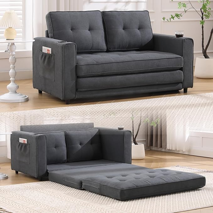 ERYE Foldable Loveseat Sofa Convertible Pull Out Sleeper Sofabed2 Seat Tufted Upholstered Sofa Modern Convertible Sleeper Couch Bed with Cupholders and Side Pockets