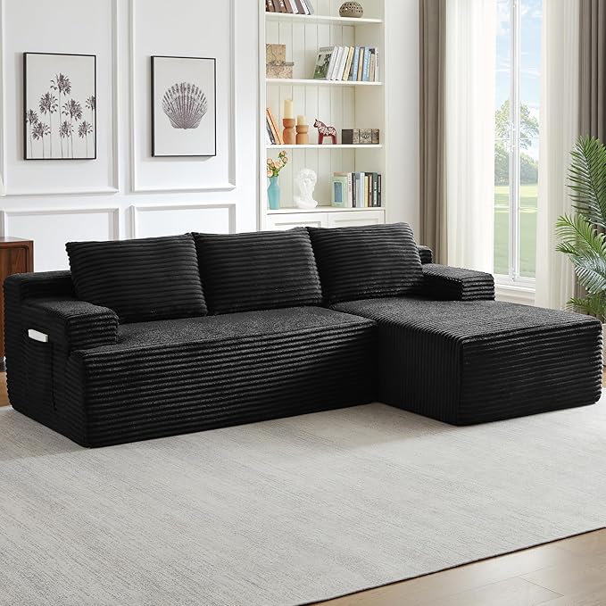 Modern Corduroy Modular Sectional Sofa96.1 Minimalist Style L-Shaped 3 Seat Couch with Side Storage PocketsComfortable Chaise Lounge for Living RoomReception AreaBlack Right Chaise Lounge