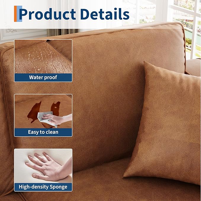 GarveeHome 3-Seater Sofa Couch with 2 Throw Pillows 85 Inches Faux Leather Couch with Wide Armrests Deep Seats Wood Legs Back Cushion Sturdy Support Feet Couches for Living Room Office Brown