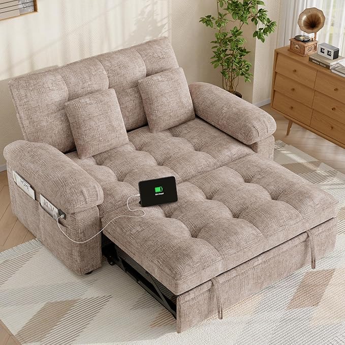 Keyluv 59” Loveseat Sleeper Sofa with USB Ports &amp Side Pockets 3 in 1 Convertible Sofa Bed for Living Room/RVs/Camper Pull Out Couch with Adjustable Backrest Chenille Khaki