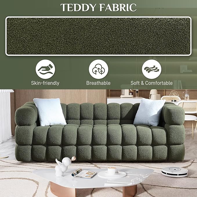 Boucle Sofa Couch 84.3 Comfy Upholstered Sherpa Sofa Tufted Cozy 3-Seater Deep Seat Cloud Couch Modern Oversized Loveseat with 2 Pillows for Living Room Apartment Office Olive Green