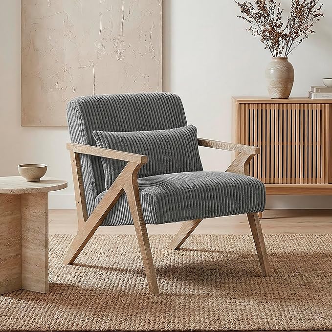 Lexicon Mid Century Modern Accent-Chair with Lumbar Pillow Brown Solid Wood Frame Comfy Corduroy Upholstered Lounge Arm Chair for Living Room/Bedroom/Office/Reading Nook Assembly Required Grey